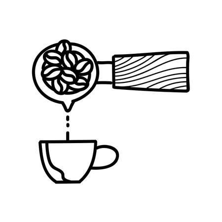 Coffee machine portafilter pouring liquid into cup icon. Hand drawn vector illustration. Editable line strokeのイラスト素材