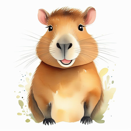 Watercolor illustration of a cute capybara with a whimsical background, ideal for children book illustrations or animal-themed designs.の素材