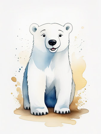 Watercolor illustration of a cute polar bear with a whimsical background, ideal for children book illustrationsの素材
