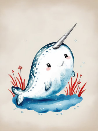 Watercolor illustration cute cartoon narwhal a light background.の素材