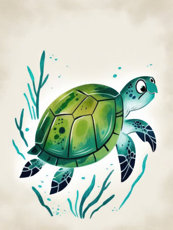 Illustration of a green sea turtle swimming with seaweed on a beige background.の素材