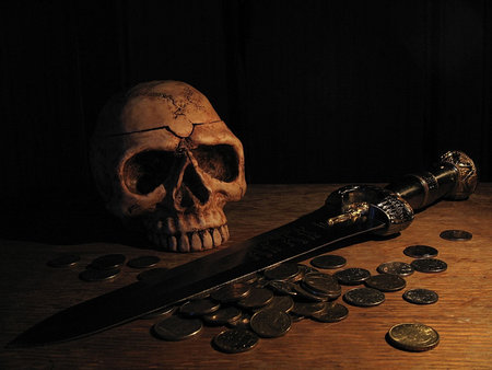 skull, blade, coins, pirateの写真素材