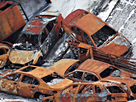 Abandoned cars in the scrapyard after a fire in the cityの写真素材