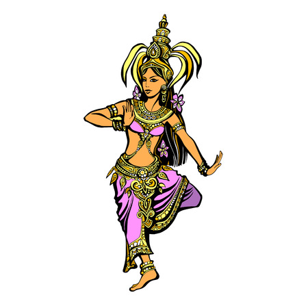 Color illustration of a Thai dancer in oriental costume, the silhouette of a beautiful Indian woman in a dance, eastern princess in colorful costume with a crownのイラスト素材
