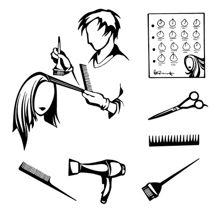 vector black and white set of tools for hairdressers cutting and styling hair, coloring hair in a beauty salonのイラスト素材