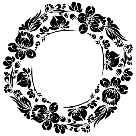 vector Black and white pattern with flowers, an ethnic Ukrainian ornament, Decorative frame for designのイラスト素材