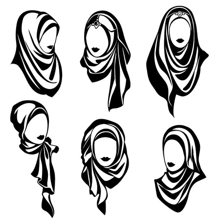 Set of black-and-white vector logos of Muslim oriental girls in hijab, collection of stylized Islamic women for designのイラスト素材