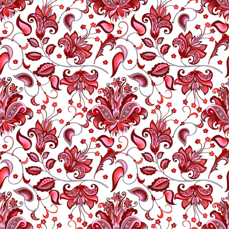Beautiful seamless oriental pattern with decorative gray and red flowers on a white background for design, colored vintage ornament with abstract flowersのイラスト素材