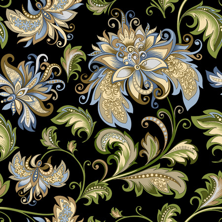 vintage ornament with decorative flowers on a black backgroundのイラスト素材