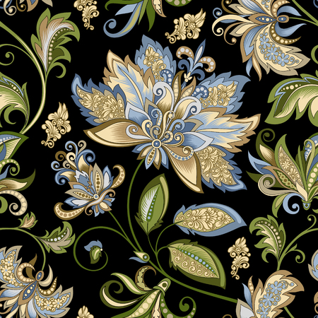 vintage ornament with decorative flowers on a black backgroundのイラスト素材