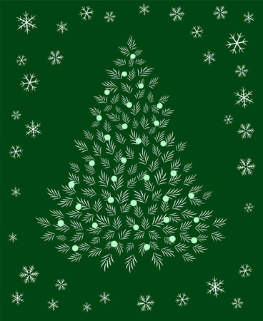 Christmas tree decorated with balls. Holiday decorative fir on green background. Happy New Year vector illustration.のイラスト素材