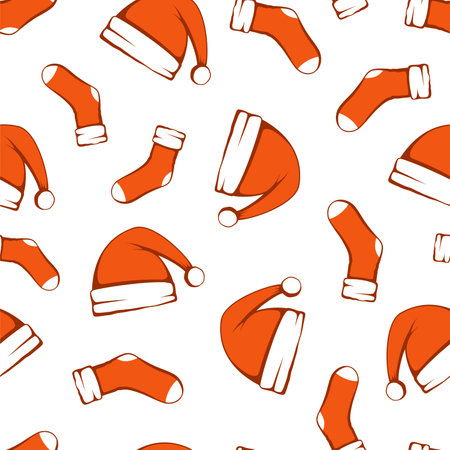 Seamless pattern with red Santa hat and socks. Christmas wear. Happy New Year vector illustration.のイラスト素材