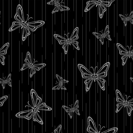 Seamless black-and-white pattern with butterflies. vector illustration.のイラスト素材