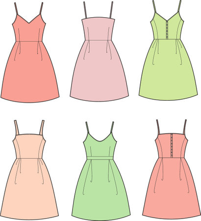 Womans summer flared dress with folds.のイラスト素材