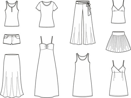 Womens dress, t shirt, top, skirt, pants.のイラスト素材