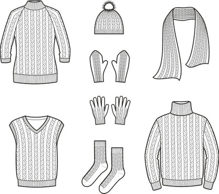 Knitted sweater and accessories. Fashion CAD.のイラスト素材
