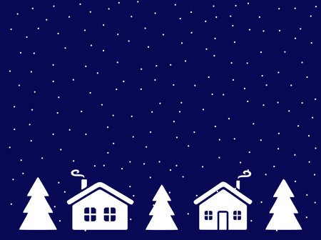 Christmas background with house, fir trees and snowfalls. Holiday card or greeting card. Happy New Year vector illustration.のイラスト素材
