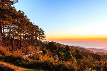 Beautiful sunrise over mountain in northern of Thailandの写真素材