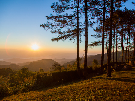 Beautiful sunrise over mountain in northern of Thailandの写真素材