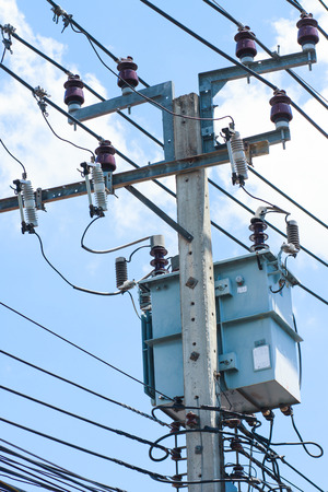 High  voltage electrical post and blue skyの写真素材
