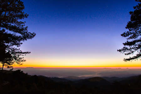 Beautiful sunrise sky and silhouette pine tree on top of mountainの写真素材