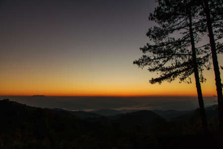 Beautiful sunrise sky and silhouette pine tree on top of mountainの写真素材