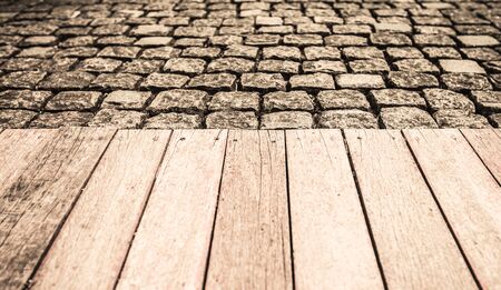 Wood table top on block path background. for display productsの写真素材