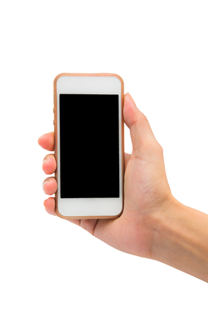 Hand hold smartphone on white backgroundの写真素材