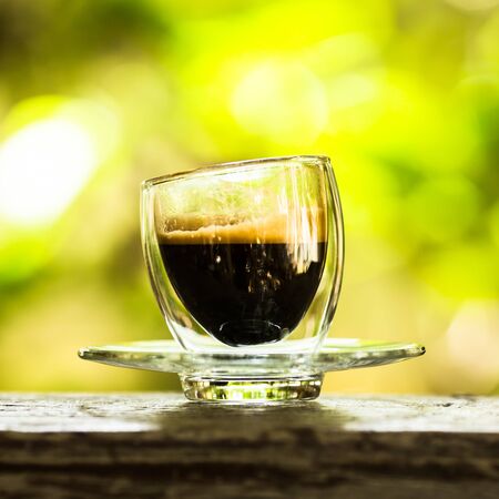 Hot espresso coffee on tableの写真素材