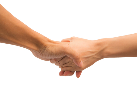 Love couple hole hand together on white backgroundの写真素材