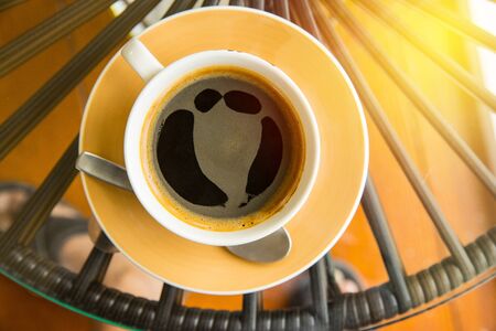 Top view hot coffee on tableの写真素材