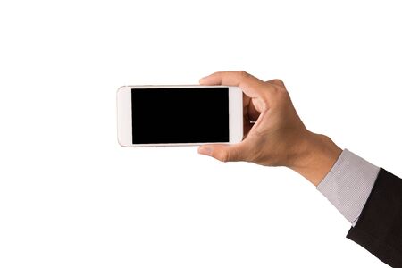 Businessman hand hold blank smartphone on white backgroundの写真素材