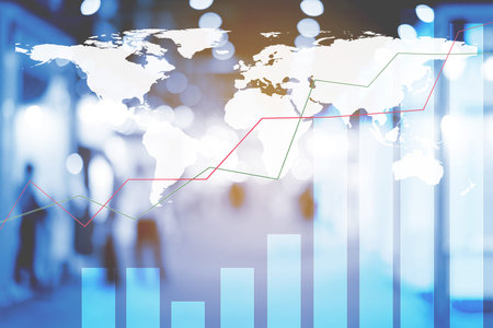 Double exposure business trading graph and global map concept.