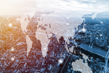 Double exposure business trading and global map on capital city. element of this image furnished by NASAの写真素材