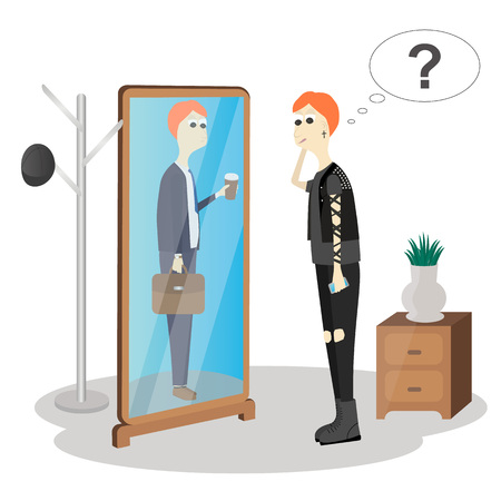 Young rebel standing in front of a mirror looking at him reflection and see office worker.のイラスト素材