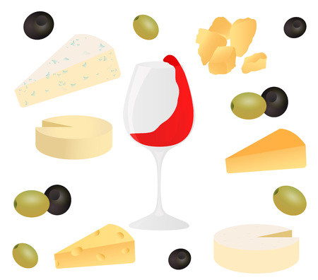 Set cheese, glass of wine and olive. Vector illustration for design menus, recipes and packages product.のイラスト素材