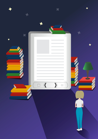 Online mobile library vector concept. E-books 3d illustration with micro girl. More books.のイラスト素材