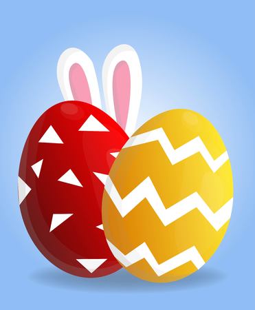 Holy Easter holiday greeting colorful postcard with decorated easter eggs and rabbit ears on backgroundのイラスト素材