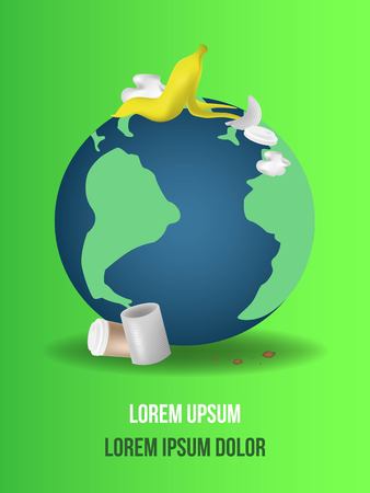 The pollution, garbage, plastic, bags peel from banana, metal can, crumpled paper, paper cup on the planet.のイラスト素材