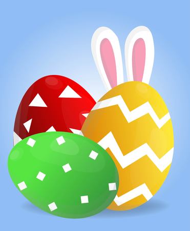 Holy Easter holiday greeting colorful postcard with decorated easter eggs and rabbit ears on backgroundのイラスト素材