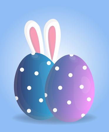 Holy Easter holiday greeting colorful postcard with decorated easter eggs and rabbit ears on backgroundのイラスト素材