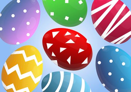 Vector cute poster for Easter Egg Hunt with colored 3d eggs on blue background.のイラスト素材