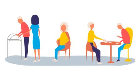Help old disabled people. Social worker of volunteer community helps elderly citizens at home and sick character patients on wheelchair, nurse caring senior with cane colorful vectorのイラスト素材