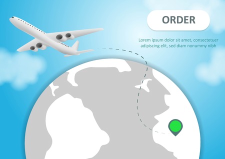 Plane and globe. Aircraft flying around Earth planet with continents and oceans.のイラスト素材