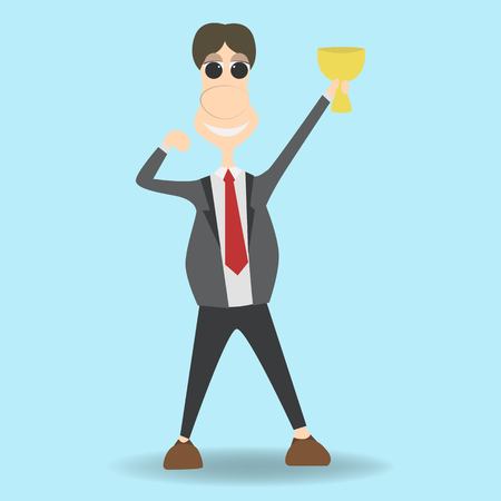 Businessman holding a trophy cup. Celebrating businessman holding winner cup trophy.のイラスト素材