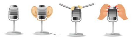 Set special microphone with the ears for ASMR isolated on white background, cosmetic brushes.のイラスト素材