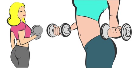 fitness sports background. Set of young sexy woman with dumbbells.のイラスト素材