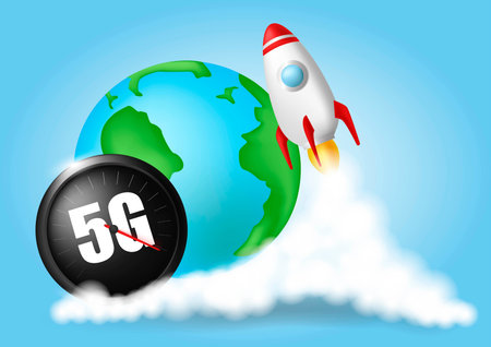 Start up rocket. Smoke clouds. Wireless network speed concept, speedometer 5G evolution. Global on blue background.のイラスト素材