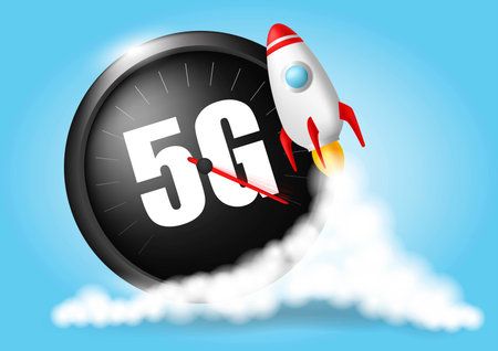 Start up rocket. Wireless network speed concept, speedometer 5G evolution. Blue sky and clouds...