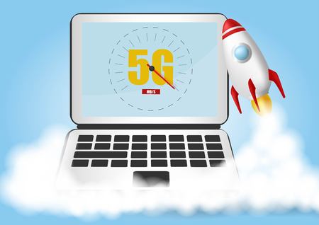Start up rocket. Smoke clouds. Wireless network speed concept, 5G evolution. Laptop on blue background.のイラスト素材
